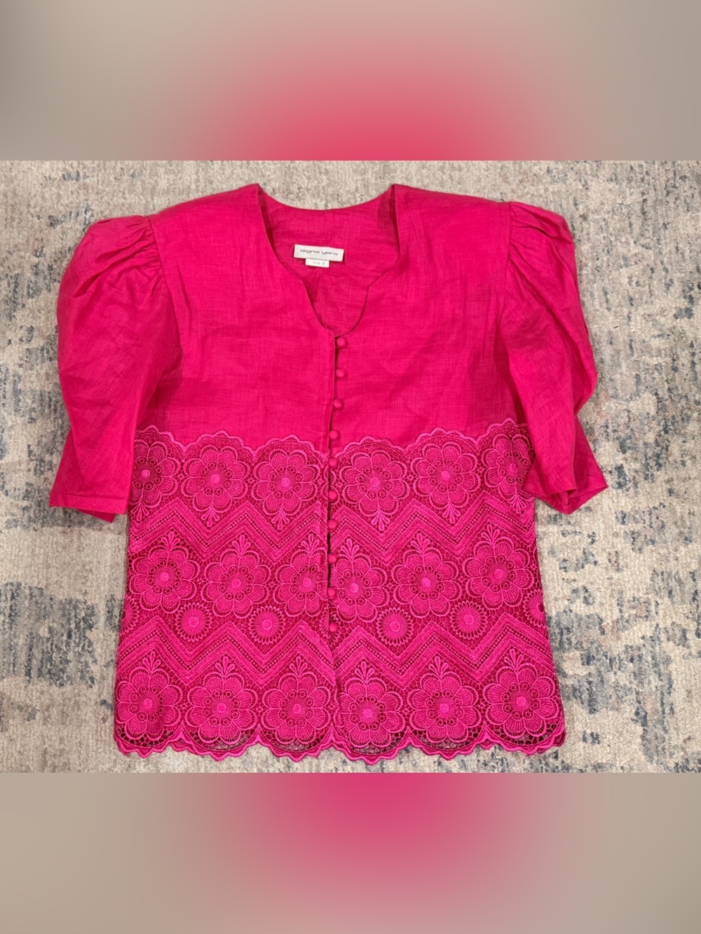 Vintage 100% Linen Digna Yero Bright Fuchsia Eyelet Lace Button-Front Top